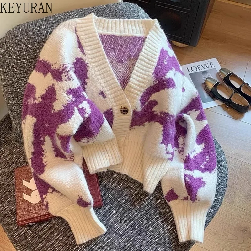 

Autumn Winter Purple Jacquard Knitted Cardigans Sweater Women's Korean Fashion V-Neck Long Sleeve Cozy Loose Knitwear Outerwear