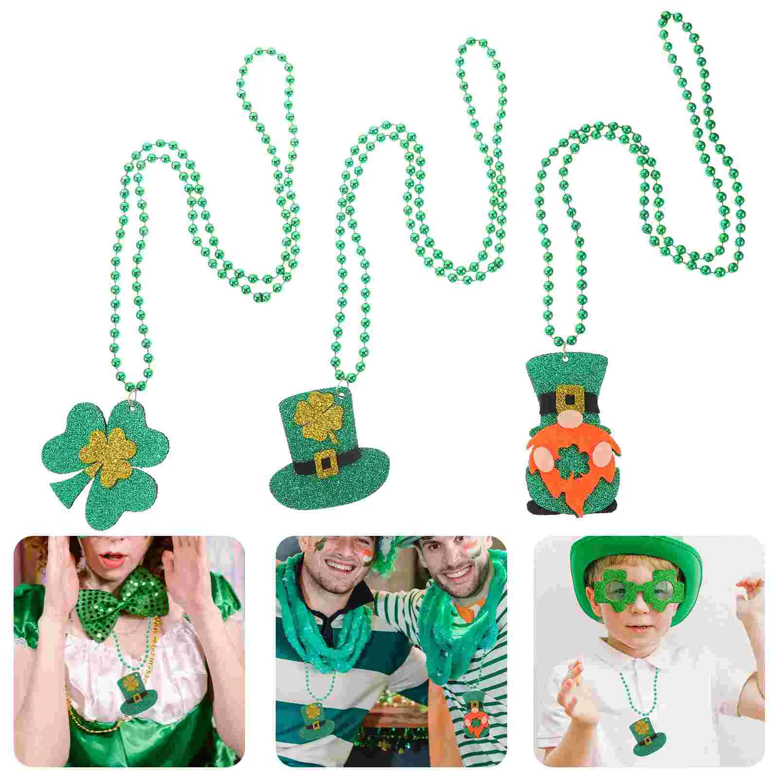 

3pcs St Patrick's Day Beads Chain Pendants Green Shamrock Necklaces Party Decors