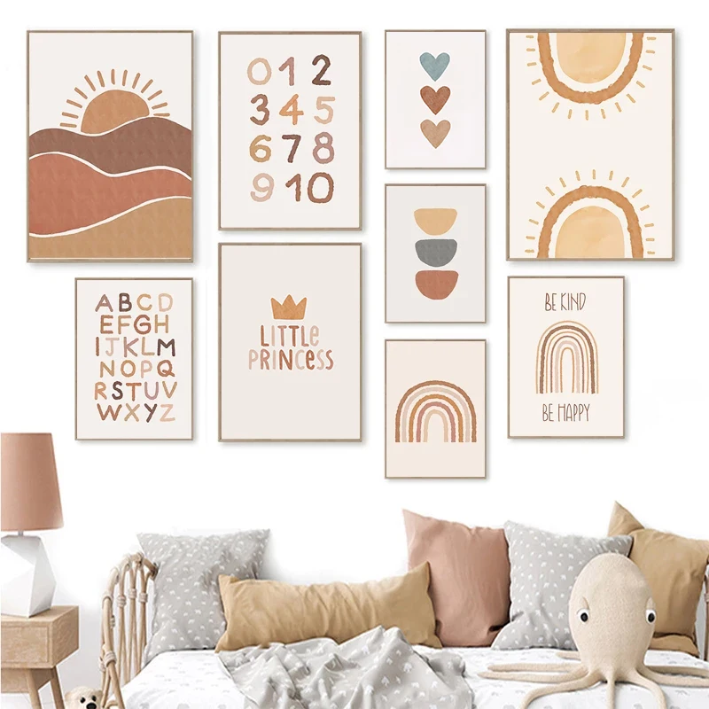 

Boho Cute Cartoon Number Alphabet Sun Rainbow Canvas Painting Nursery Wall Art Poster Print Interior Baby Kids Room Decoration
