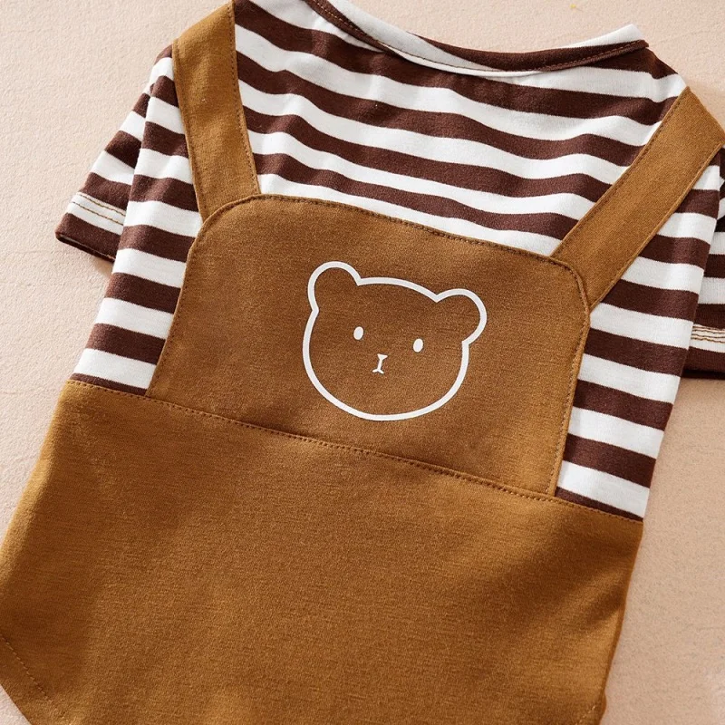 1pc 애완동물 조끼 - 올인원 귀여운 곰 프린트 및 스트라이프 디자인 소프트 브라운 풀오버(커프스 포함), 애완동물 작업복