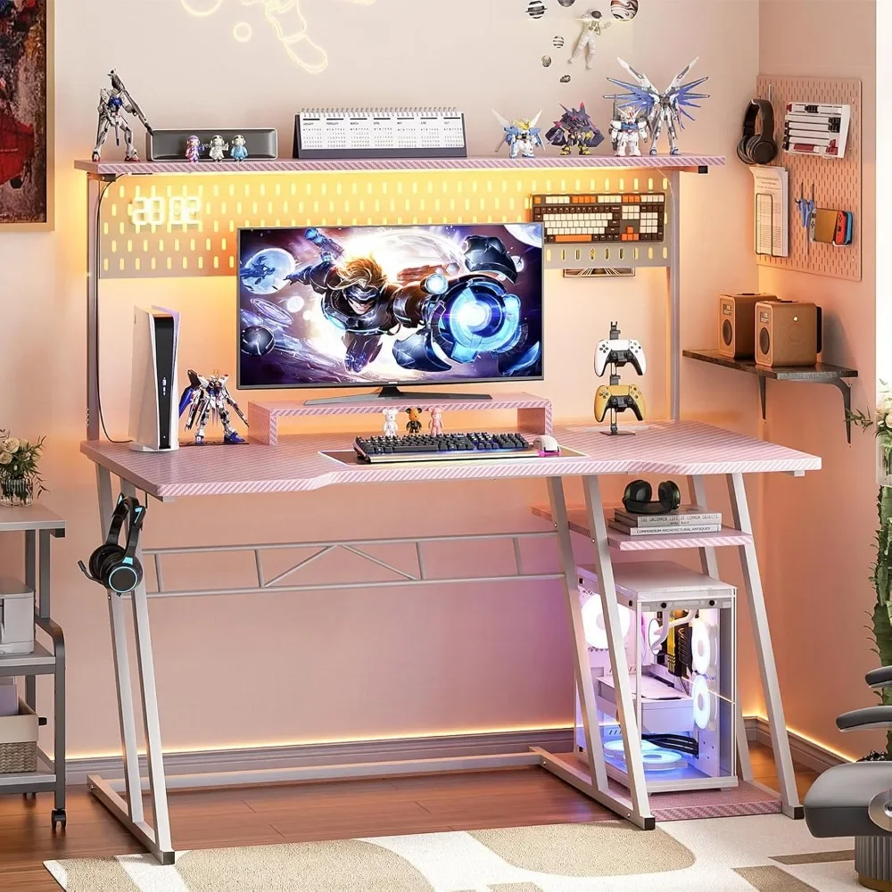 New2025-Gaming Computer Desk with Power Outlets, Gaming Desk with Hutch and LED Lights, Reversible PC Gaming Desk with Pegboard,