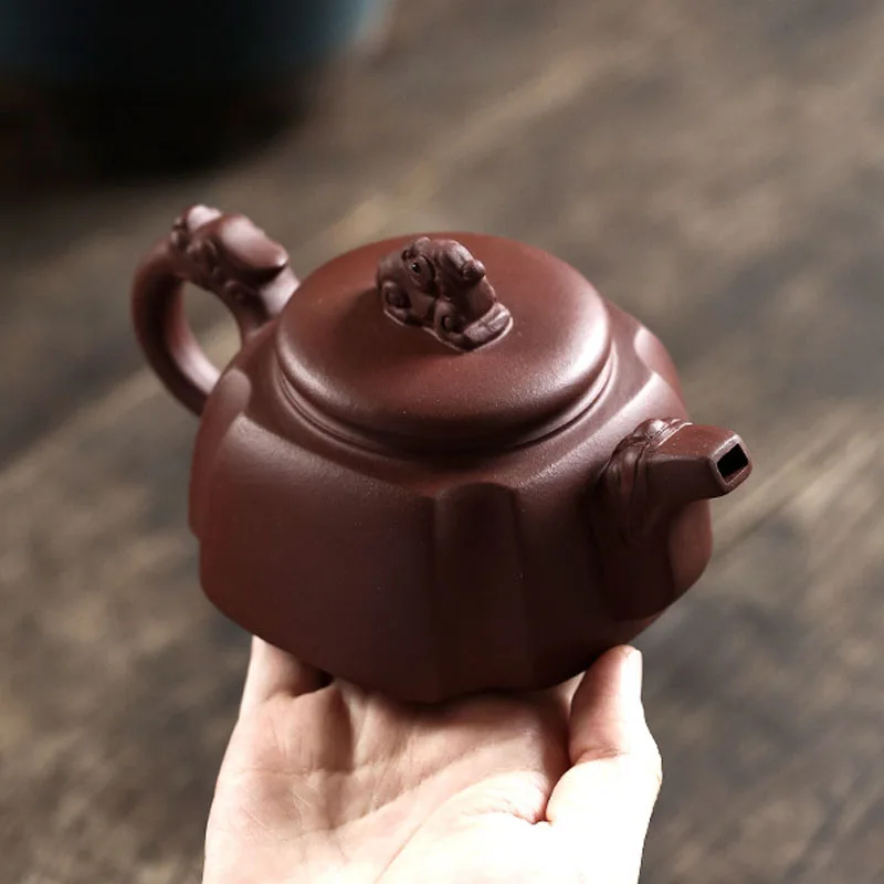 Handmade Chinese Kongfu Tea Pots, Dragon Head Four Square Tea Set , Zisha Segment Mud Flat Yixing Purply Clay Teapot, 300ml, 1Pc