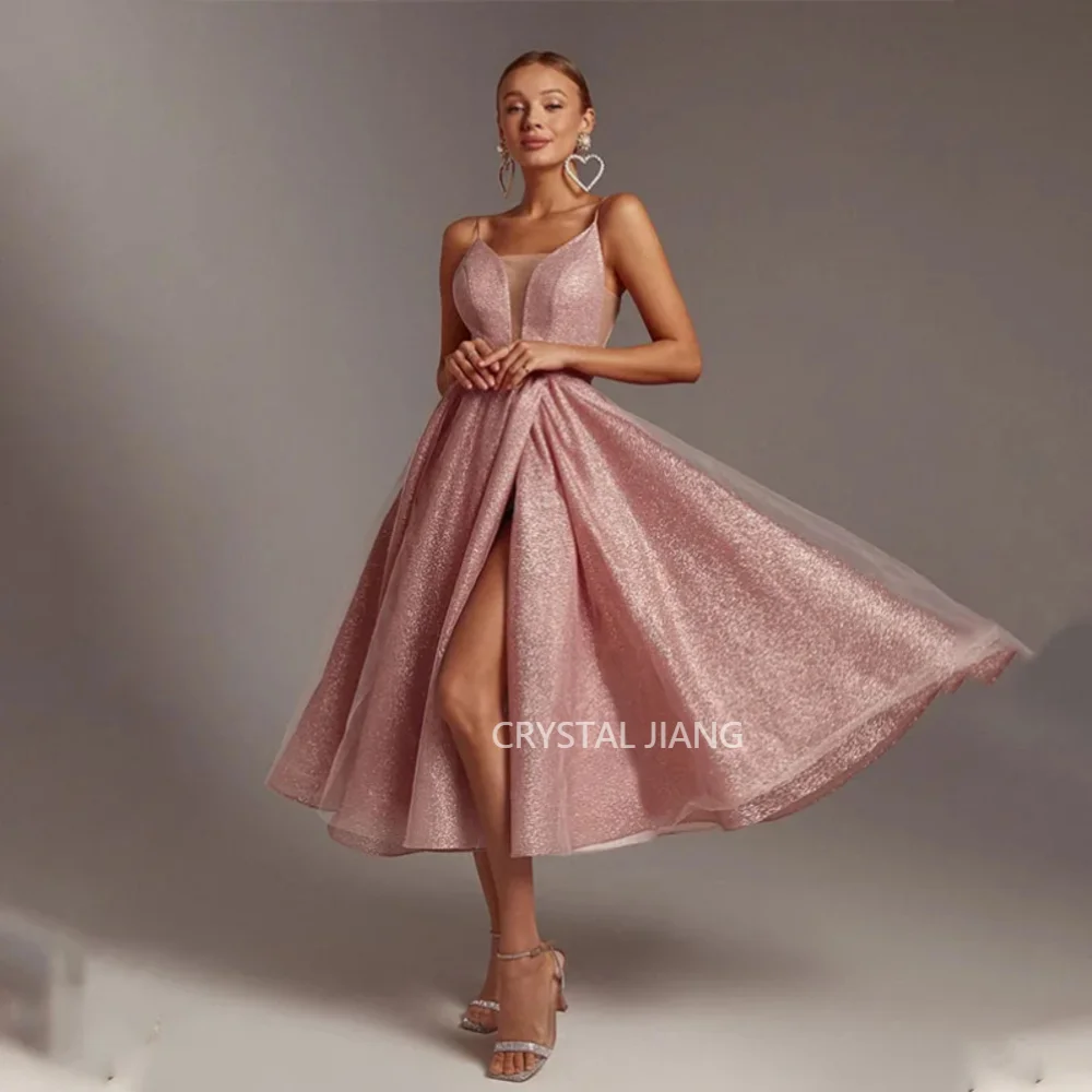 

Elegant Short Shiny Spaghetti Straps Organza Homecoming Dresses with Slit A Line Tea Length Suknie Homecoming