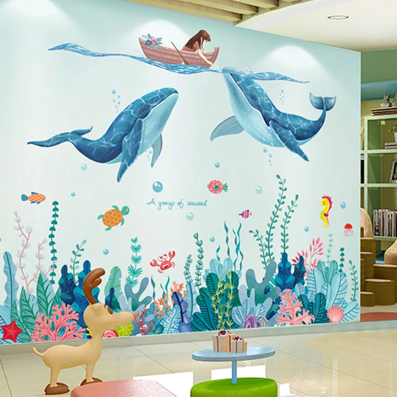 Cartoon Girl Whales Wall Sticker DIY Creative Seagrass Plants Mural Decals for Kids Rooms Baby Bedroom Nursery Home Decoration