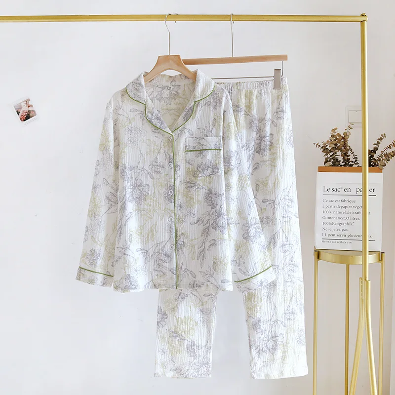 2024 Japanese New Spring/Summer Women's Pajama Set 100% Cotton Crepe Home Furnishings Flip Collar Printed Long Sleeve Set Ladies