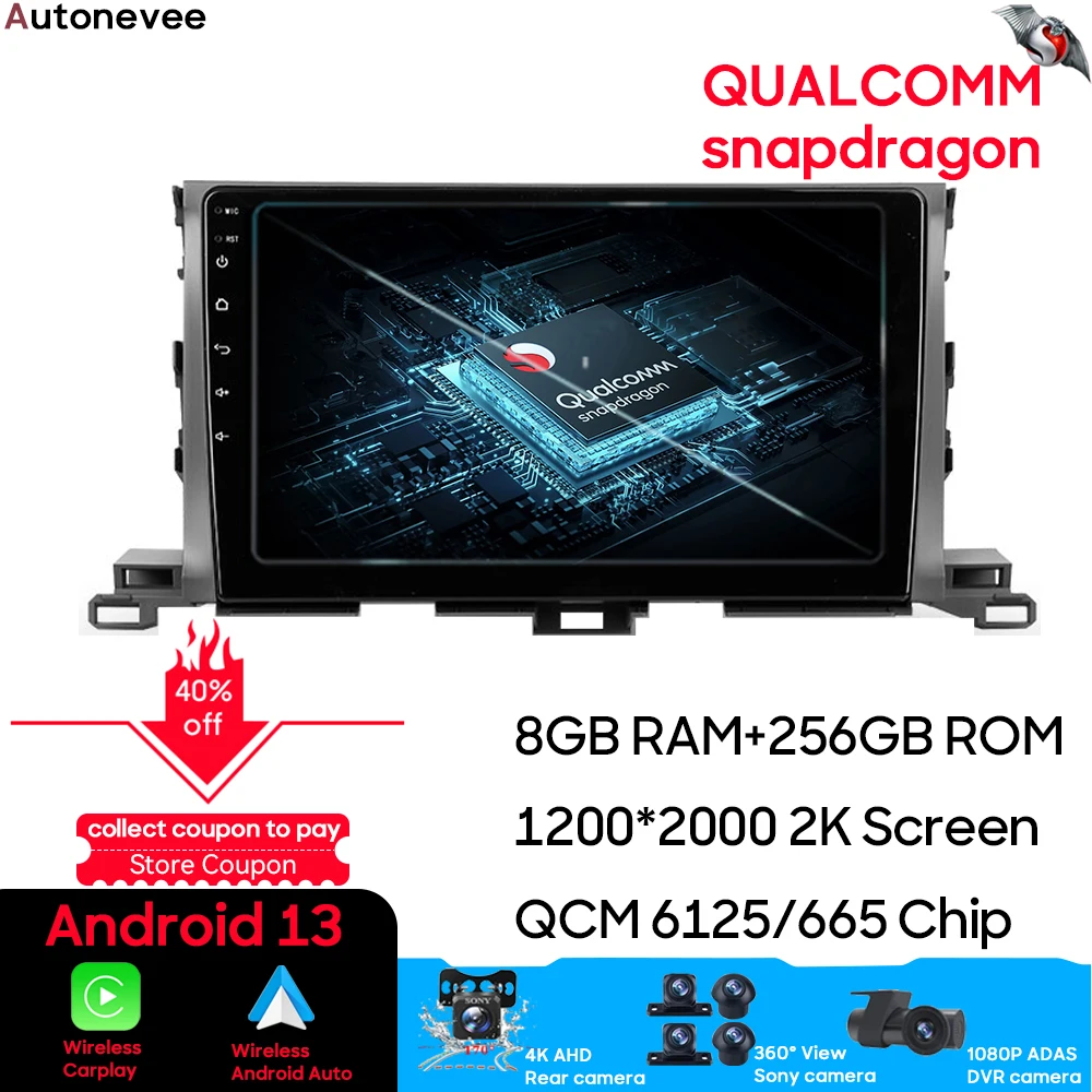 

Автомагнитола для Toyota Highlander 3 XU50 2013 - 2018 с процессором Qualcomm Snapdragon Carplay, Android 13, мультимедийным проигрывателем, GPS-навигацией, Wi-Fi