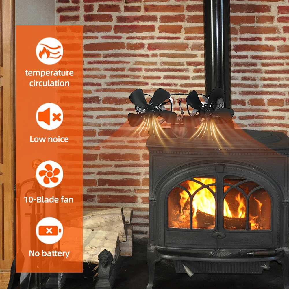 Black Fireplace Fan With 10 Blades Heat-powered Stove Fan No Battery or Electricity Required Log Wood Burner Eco Quiet