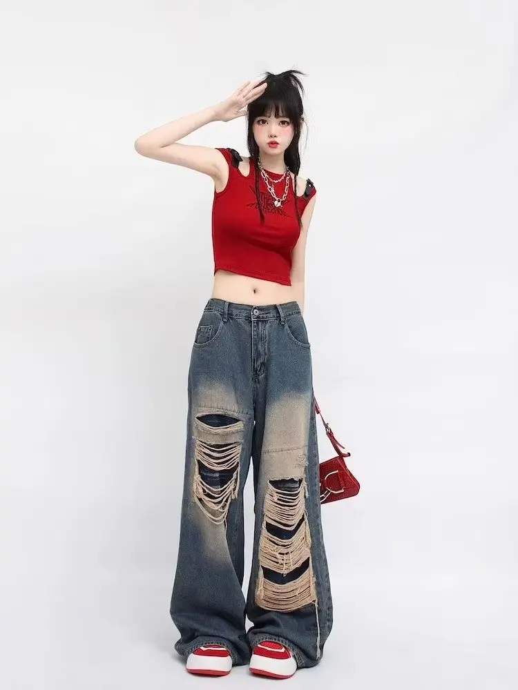 

High Street Niche Design Sense Distressed Jeans For Women In Summer Retro High Waisted Loose And Skinny Wide Leg Pants For Women