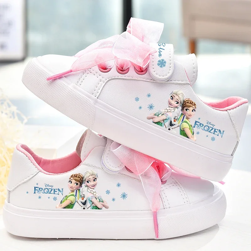 Disney girls frozen princess white Bow pu shoes non-slip soft bottom sports casual shoes for girl gift