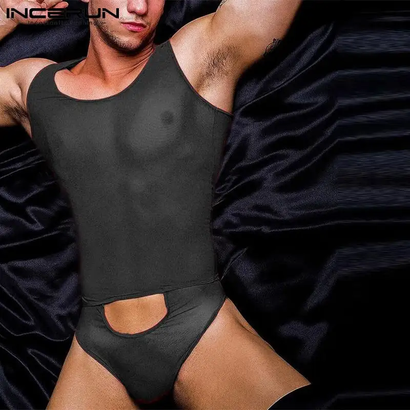 INCERUN Men Mesh Bodysuits Solid Color See Through O-neck Sleeveless Sexy Bodysuits Men Skinny Pajamas Male Rompers S-5XL