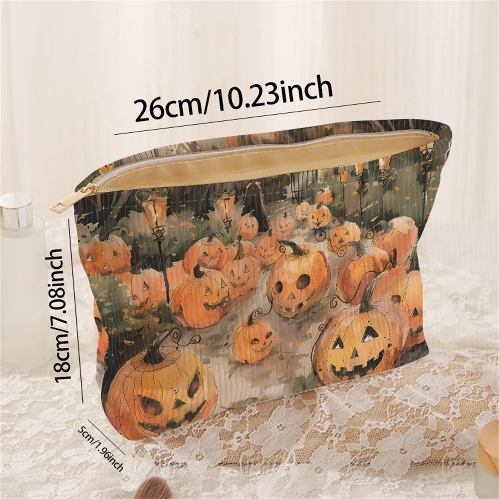 1 pumpkin patterned corduroy makeup bag, lightweight zipper makeup storage box, multifunctional bag with lining