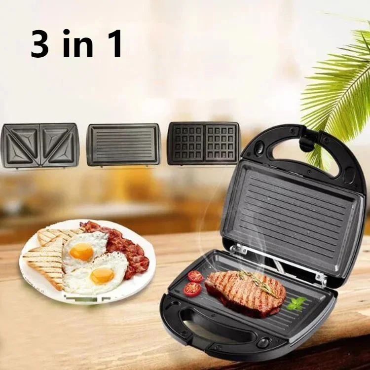220V 750W 3 In 1 Household Sandwich Machine Multifunctional Waffle Machine Heating Cake Pan Steak Machine Panini Breakfast 3