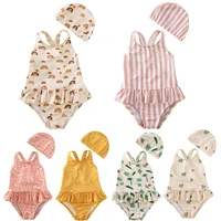 Girls Cute Backless Floral One-piece Swimsuit Baby Bikini Swimwear with hat Sun-proof Beach Vacation Toddlers Kids Chic Swimsuit 2