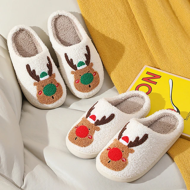 Chaussons de Noël flous mignons pour femmes, chaussures de cerf pour la  maison, pantoufles de chambre