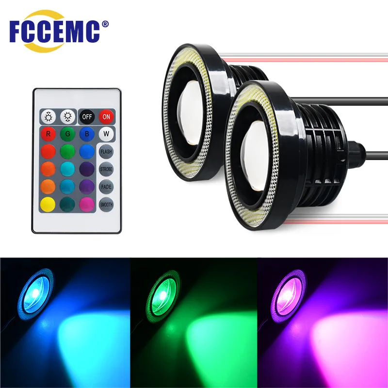 

76mm-89mmRGB Remote Control Angel Eyes Fog Light 10W3.0 "3.5" front fog light cob Demon Angel Eyes car atmosphere light