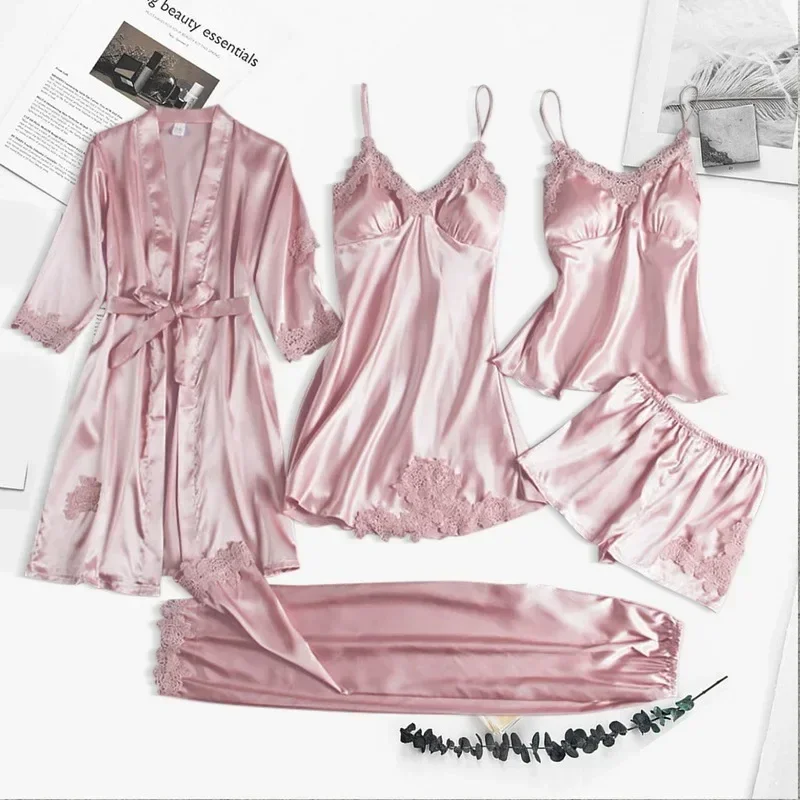 2024 New Pajamas Women Summer Ice Silk Sexy Hot Adult Spring and Autumn Long-sleeved Ladies Nightgown 5-piece Multi-color Set