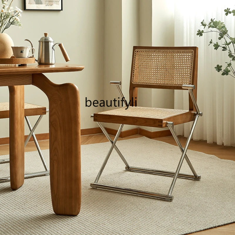 

Zhonggu Solid Wood Backrest for Dining Chair Household Living Room Stainless Steel Armrest Rattan Leisure Chair
