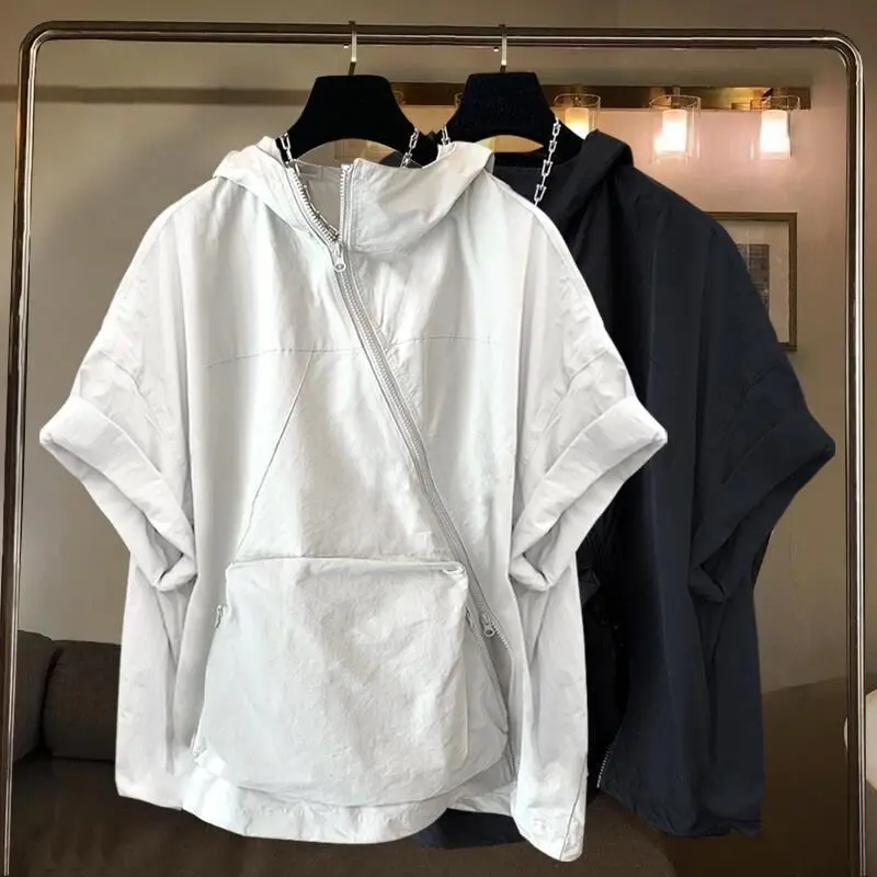 

Zipper Design Feeling Hooded Short Sleeve T-shirt Men's Summer Korean Style Loose Pocket Half Sleeve T-shirt