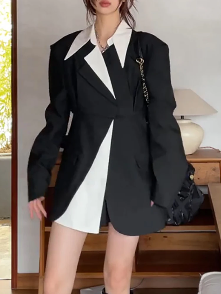 

DEAT Fashion Women's Blazer Notched Collar Irregular Single Breasted Spliced Contrast Color Suit Jackets Autumn 2024 New 17A6218