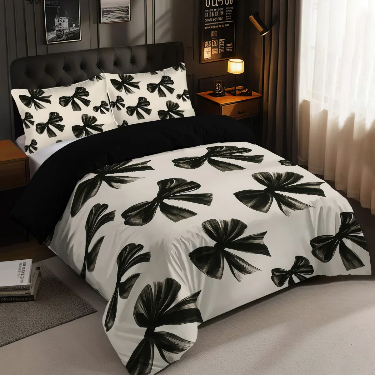 3pcs Black Bow Print Coreless Bedding Set Multiple Sizes Suitable for Bedrooms and Dormitories, Comfortable and Machine Washable
