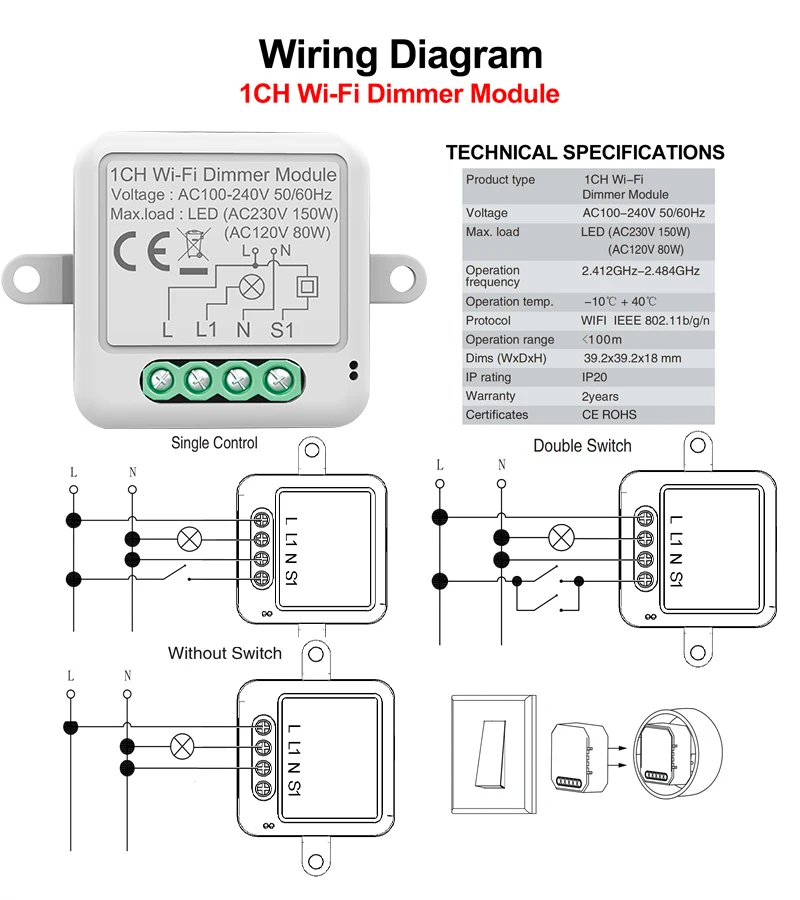 Variateur Intelligent WiFi - Interrupteur Simple Pôle/3 Voies Pour LED - Blanc - 300W - Neuf