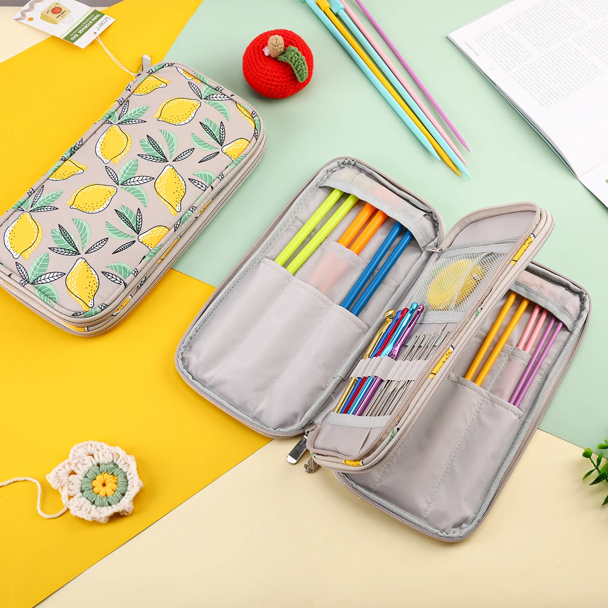 Empty knitting Needles Organizer Yellow Lemon Crochet Hooks Storage Bag Waterproof Rectangle Sewing Tools Accessories Bag knitting tool organizer yarn storage bag yarn storage organizer yarn holder