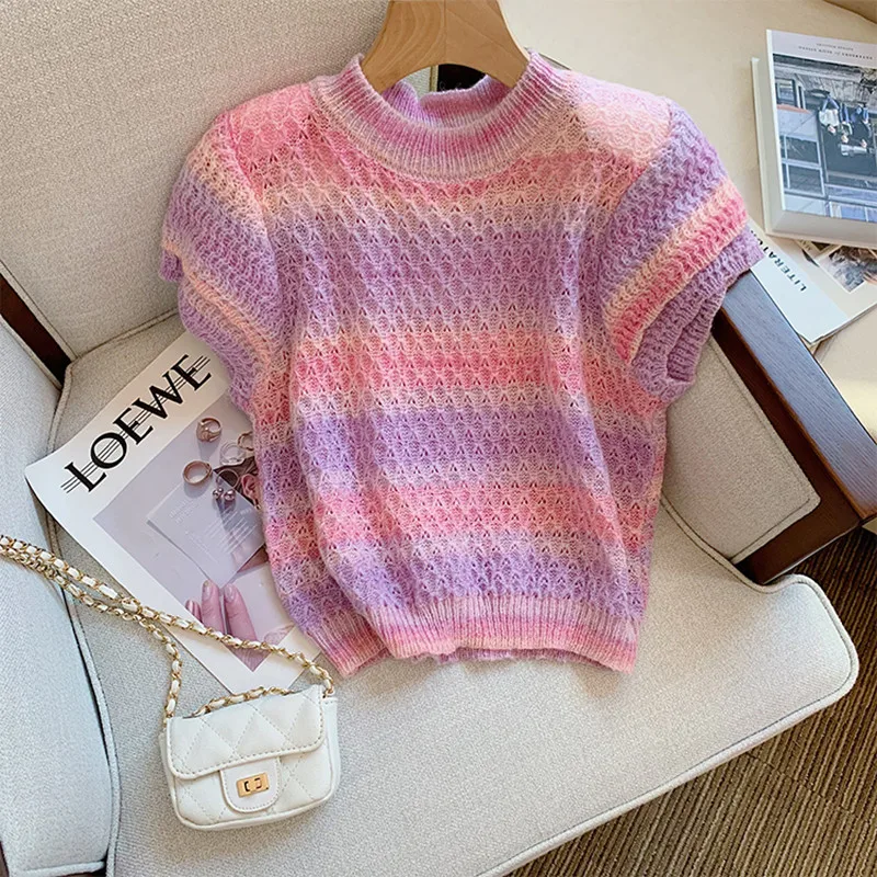 

DALMAZZO Sweet Fashion Striped Summer Thin T Shirt Sweater Women Pullover Batwing Sleeve Loose Knitted Short Tops Female