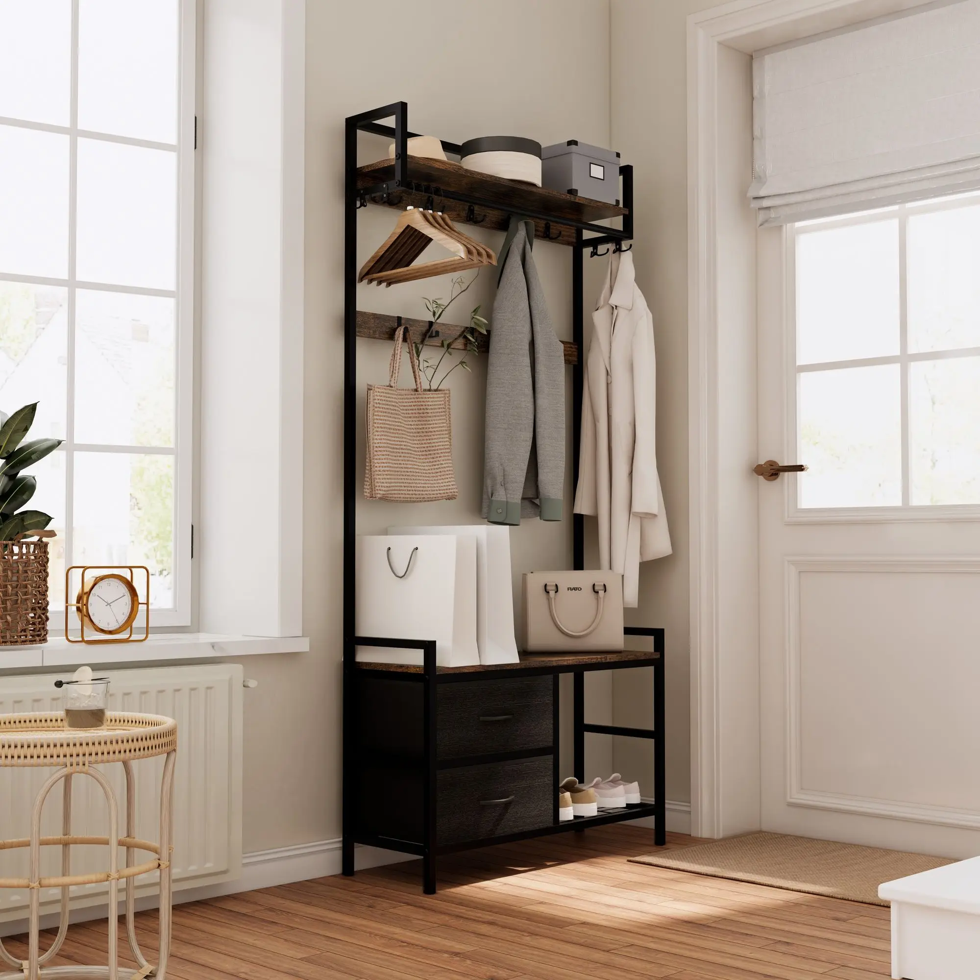 33.1" Wide Hall Tree with 2 Movable Drawers, Shoe Storage, Shelves and Garment Racks, 5-in-1 Entryway Bench with 23 Hooks