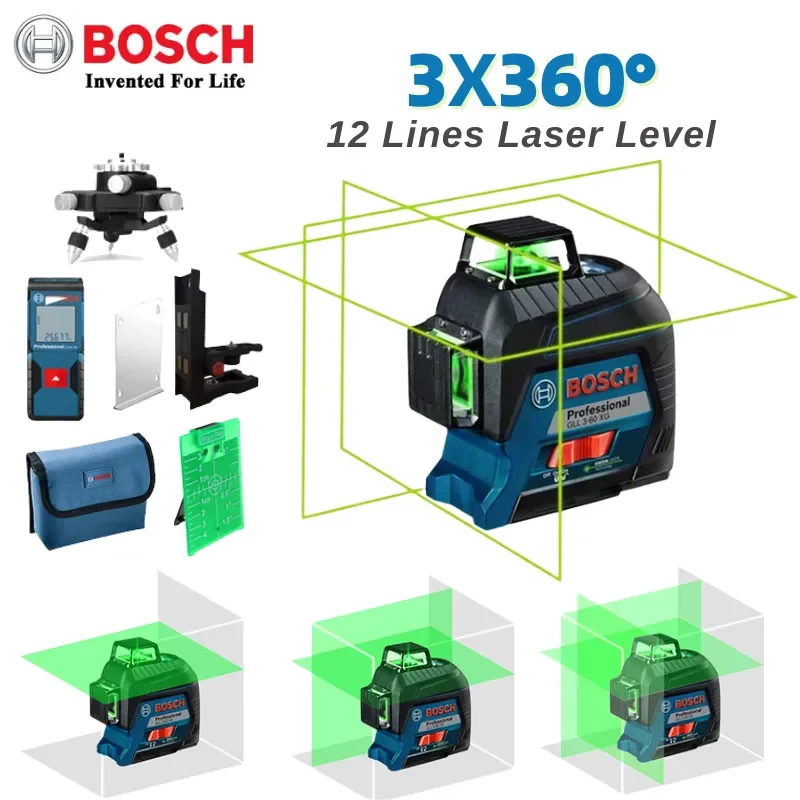 Bosch Laser Level Gll3-60Xg 360 Autolivellante 12 Linee Laser Verde Linea Orizzontale E Verticale Ad Alta Precisione Strumento Per Interni Ed Esterni