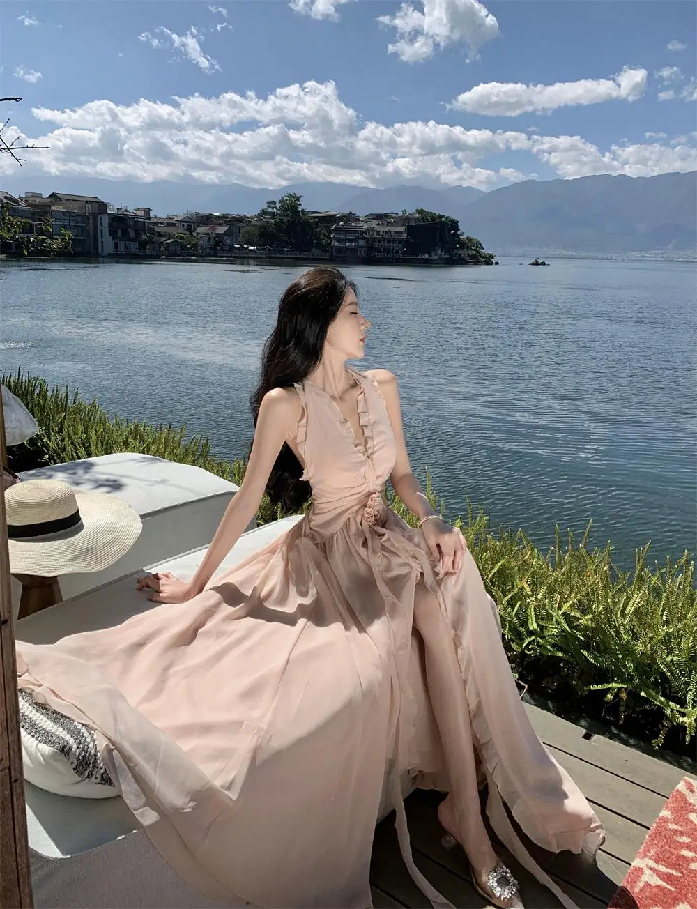 Summer New Ruffles A-line Long Dresses for Women Halter Backless Holiday Seaside Party Dress Korean Fashion One Piece Vestido