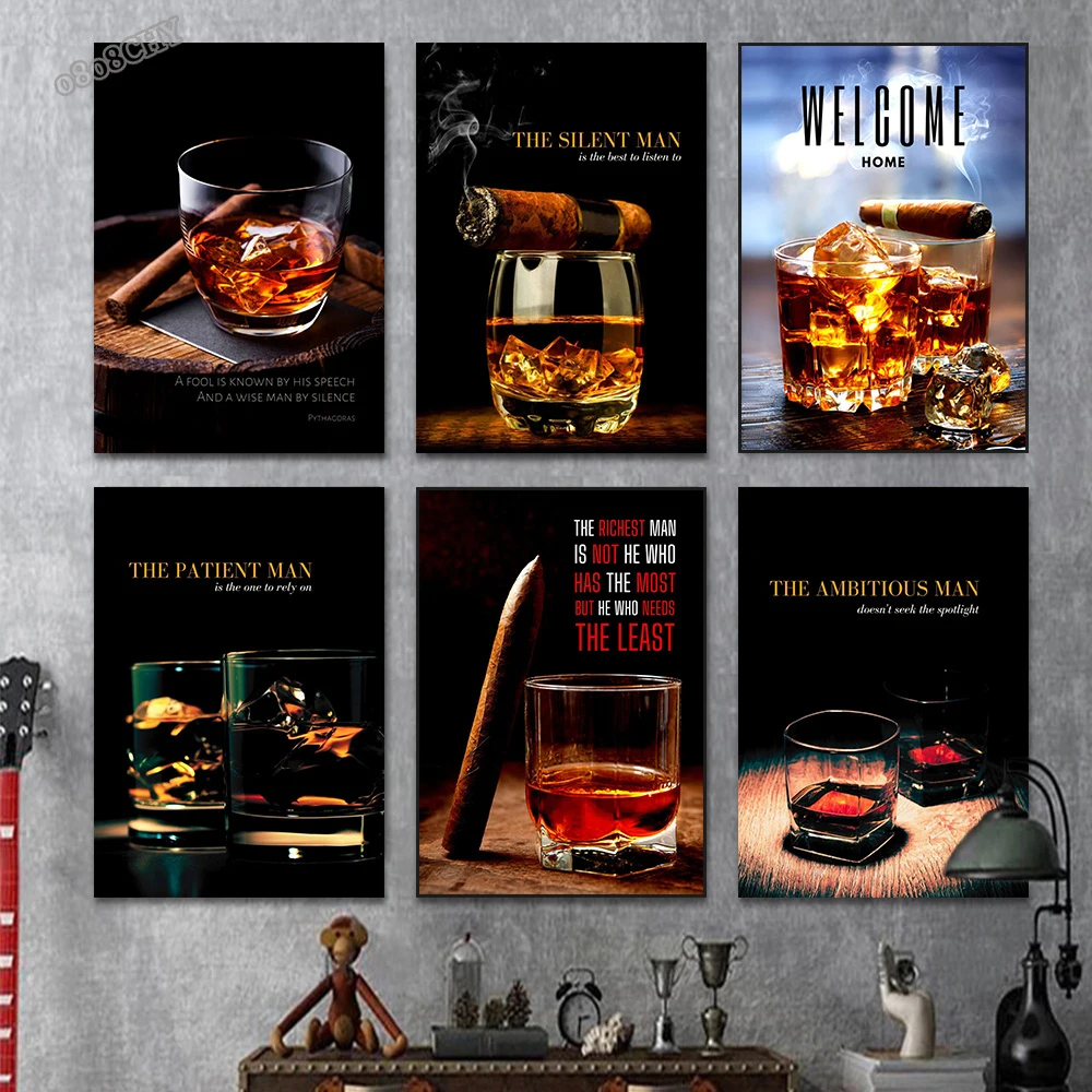 Carteles de cigarros y whisky blanco humo surrealista cartel de bar arte de pared de humo