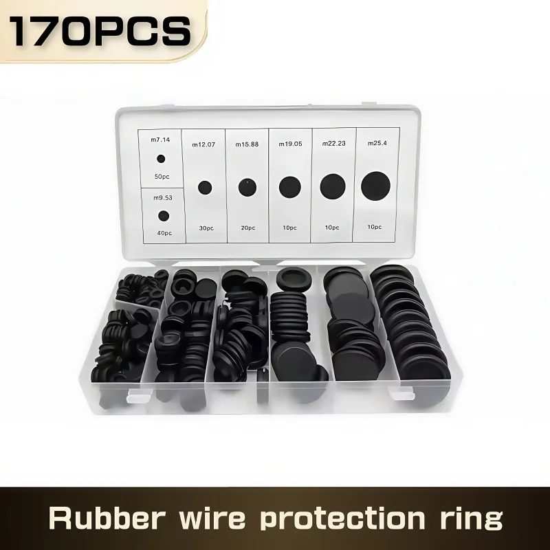 170Pcs 7 Sizes Rubber Grommet Kit Electrical Wire Gasket Solid Hole Plugs Assortment Set for Plumbing Automotive General Repair