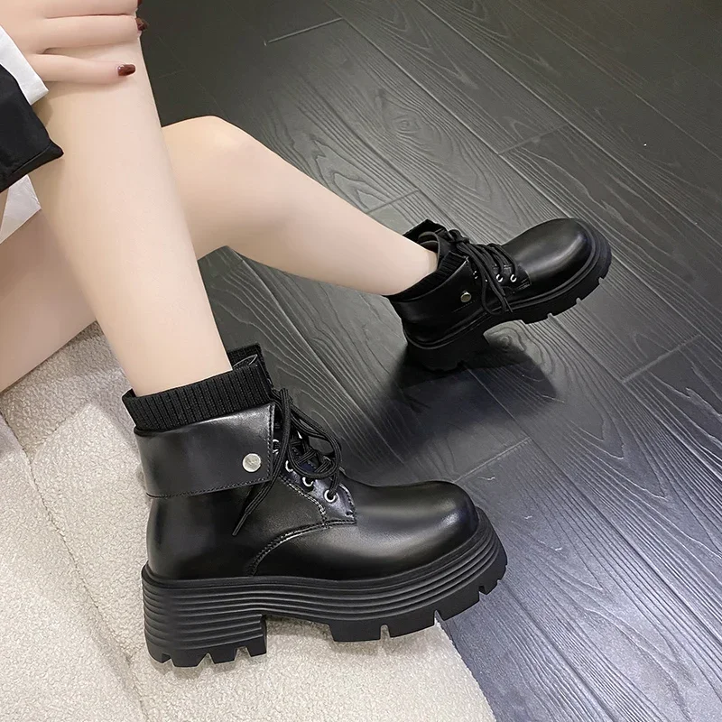 Chunky Platform Women's Motorcycle Boots Autumn Winter Short Plush Warm Ankle Boots Women Waterproof Pu Learher Botas Mujer