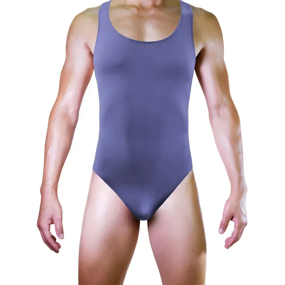 Sexy Men's Ice Silk Sleeveless Tank Tops Jockstrap Thongs Bodysuit Male Soft Tights Lingerie Jumpsuit Underwear