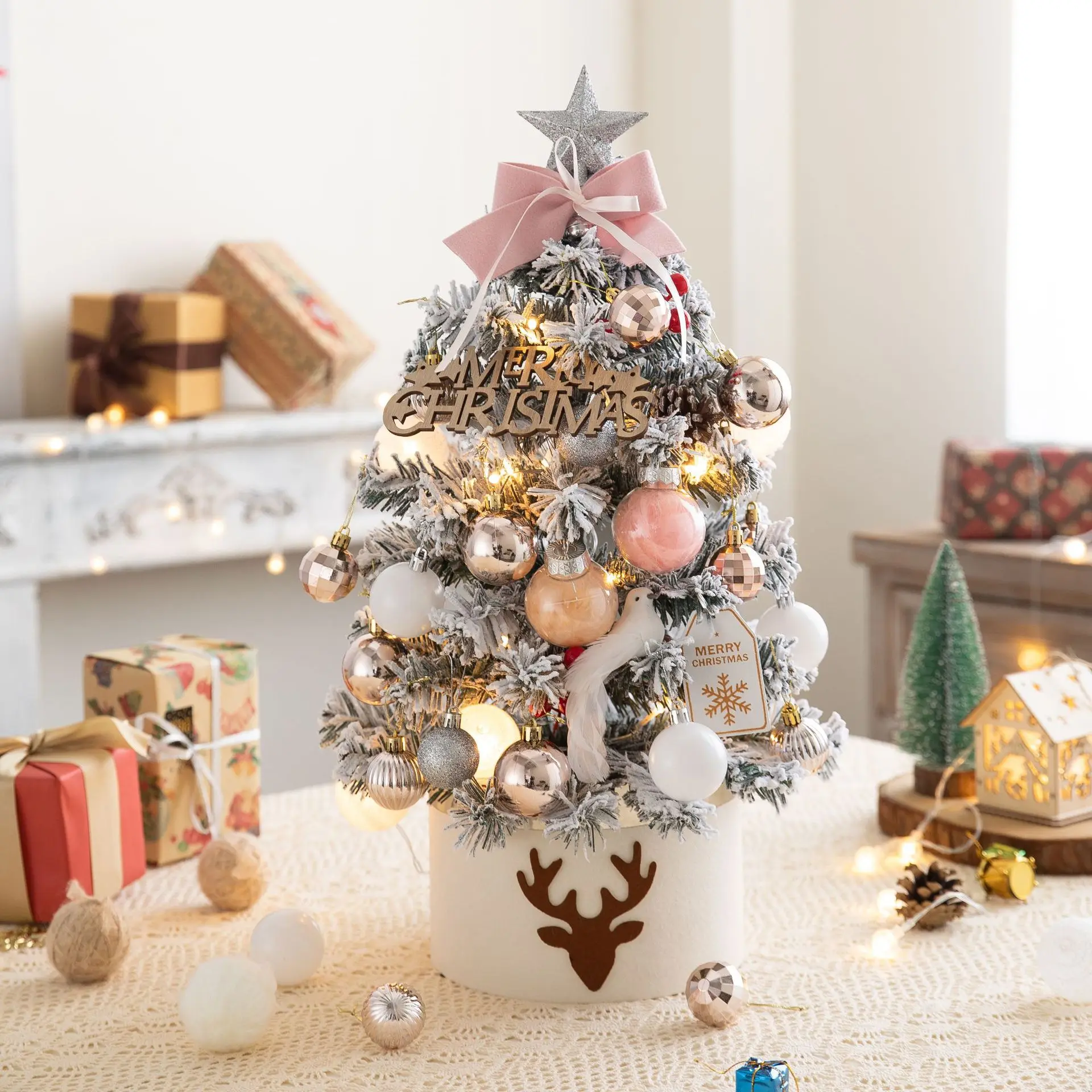 thumbnail image 1 of Desktop Mini Christmas Tree Golden Red Ball Flocking Tree With Led Lights New Year Home Ornaments Christmas Decorations 2025, 1 of 5
