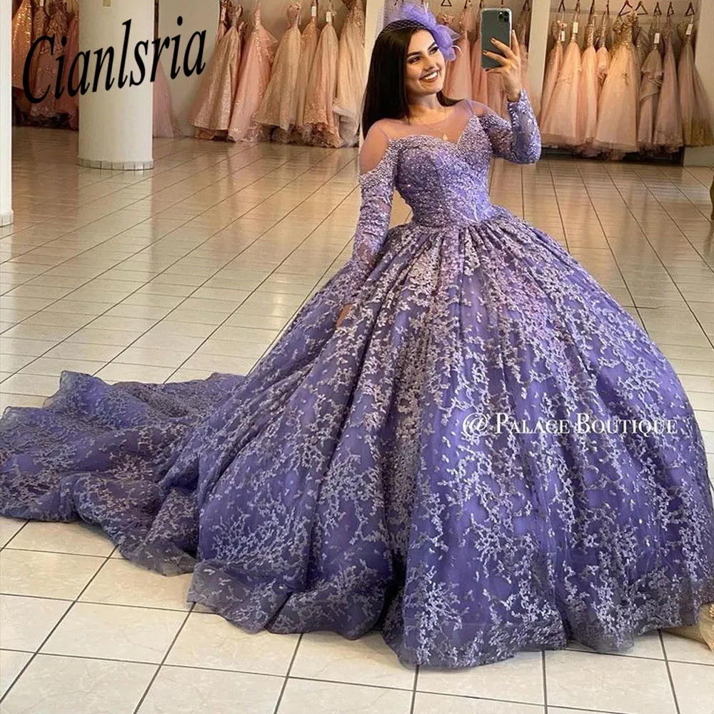 

Purple Long Sleeve Illusion Quinceanera Dress Ball Gown Appliques Lace Corset Sweet 16 Party Vestido De XV Anos