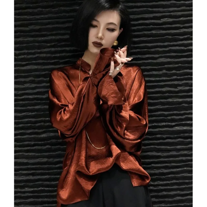 Unique Small Top Niche Chic Red Brown Acetate Shirt