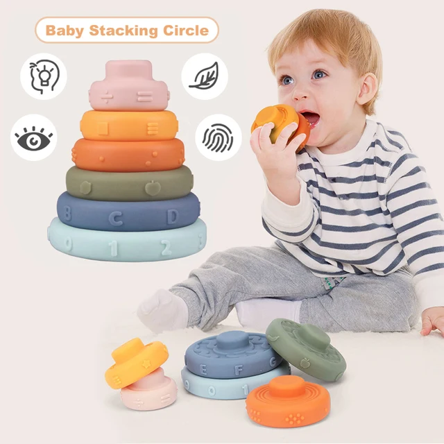 Soft Building Blocks Silicone Stacking Blocks Baby Toy Round Shape Silicone Construction Toy Rubber Teethers Montessori Toy 6