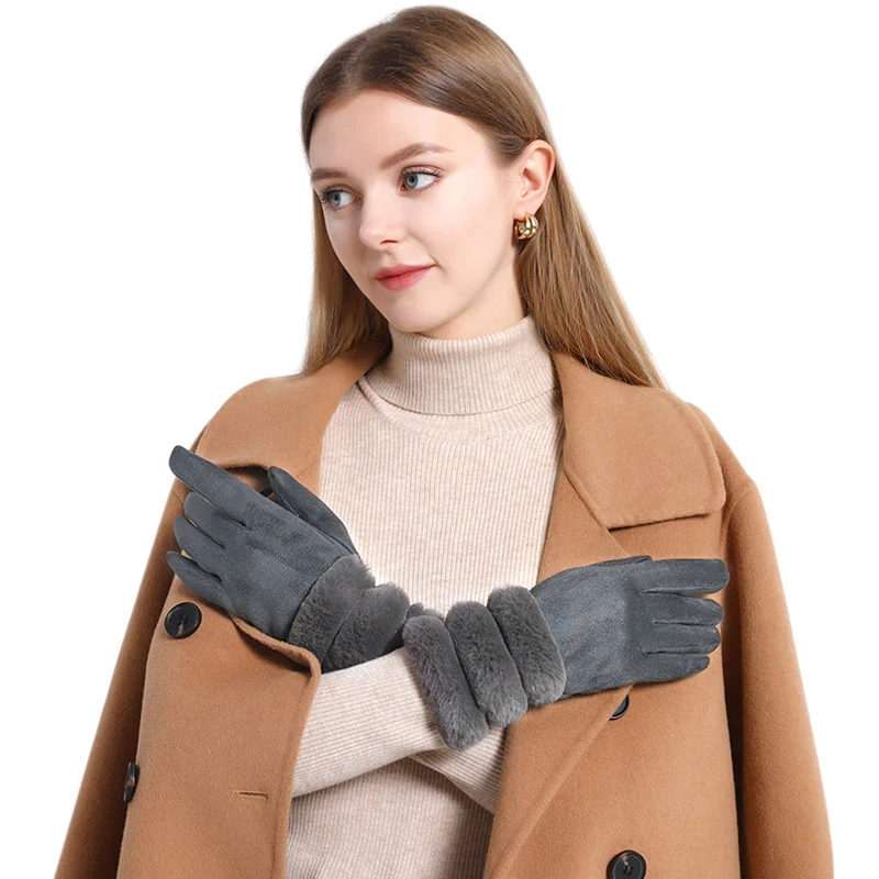 

Women Thicken Suede Gloves Touch Screen Fur Mittens Fleece Lining Full Finger Plush Glove Solid Color Keep Warm Elegant Outdoor