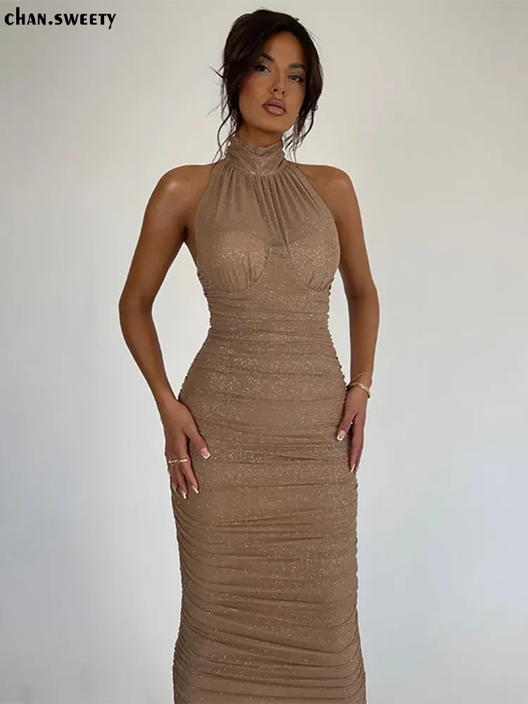 

Chic Sequin Backless Halter Pleated Prom Dress For Women Fashion Backless Wedding Vestidos 2024 Female Evening Party Robes