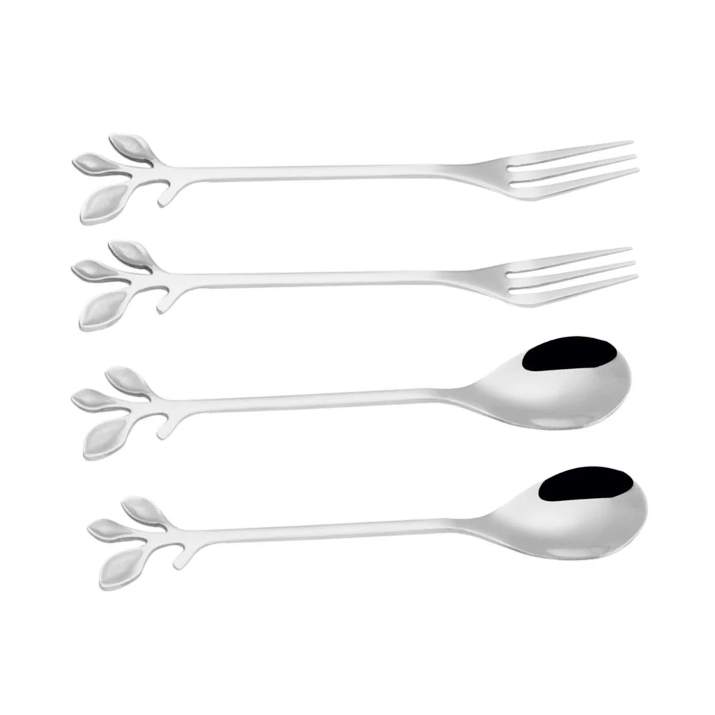 

Leaf Shape Spoon, 4pcs Stainless Steel Scoop Long Handle Spoons with 2 Spoons and 2 Forks, Silver