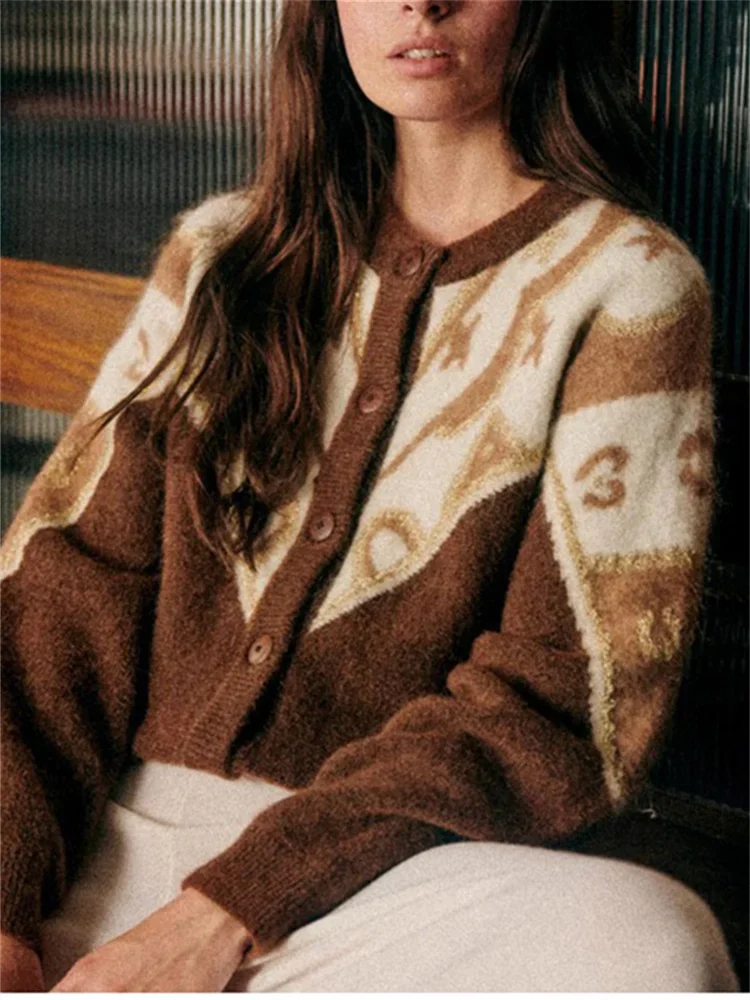 

Women‘s Short Sweater 2023 New Woven Jacquard Single Breasted Round-Neck Vintage Long Sleeve Cardigan