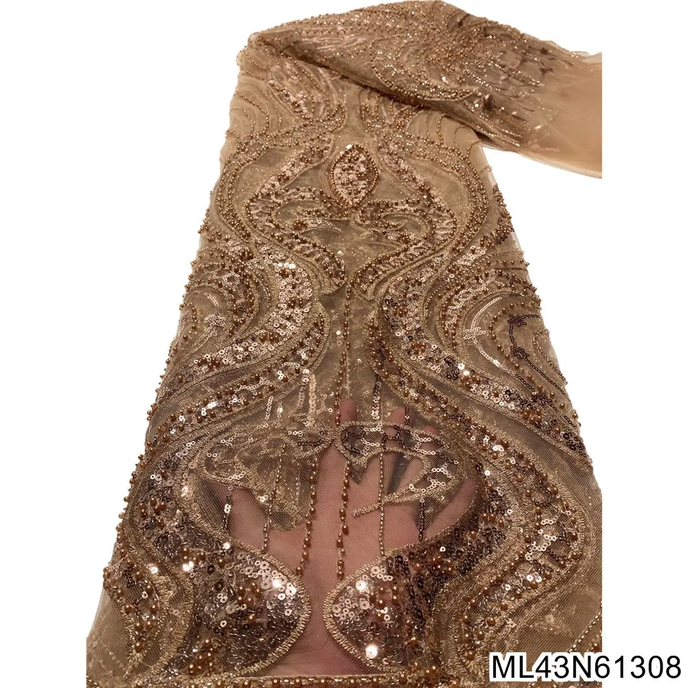 

New African Gold Beads Handmade Laces Luxury 2022 Nigerian Sequins Mesh Lace Fabric For Party Dress ML43N613