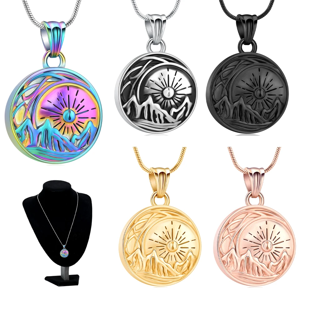 

Cremation Ashes Jewelry Sun Moon Mountain Charm Keepsake Urn Necklace Stainless Steel Small Urns For Ashes Pendant Customized
