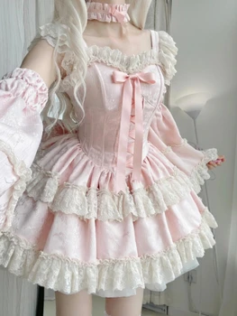 Sweet Elegant Lolita Princess Dress Women Kawaii Cute Lace Ruffles Bow Slim Dresses Japan Harajuku Y2k Evening Party Mini Dress 1