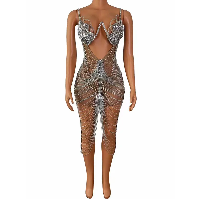 

Rhinestone Sexy Luxurious Silver Chains Crystal Dress Birthday Evening Prom Party Performance Dance Stage Wear