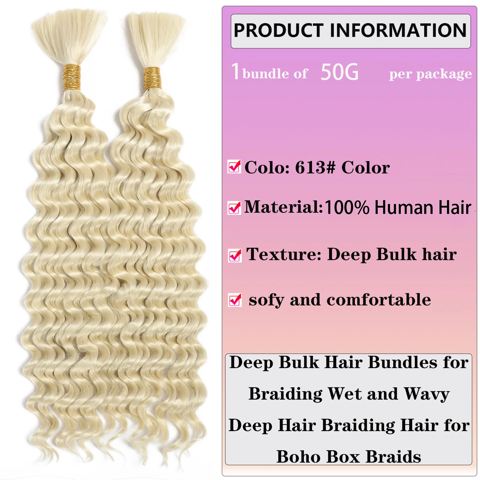613 Blonde Human Human Braiding Hair Deep Wave Bulk Blonde Deep Curly Hair for Boho Braids 3 Bundles 613 Color for Women 150g 4