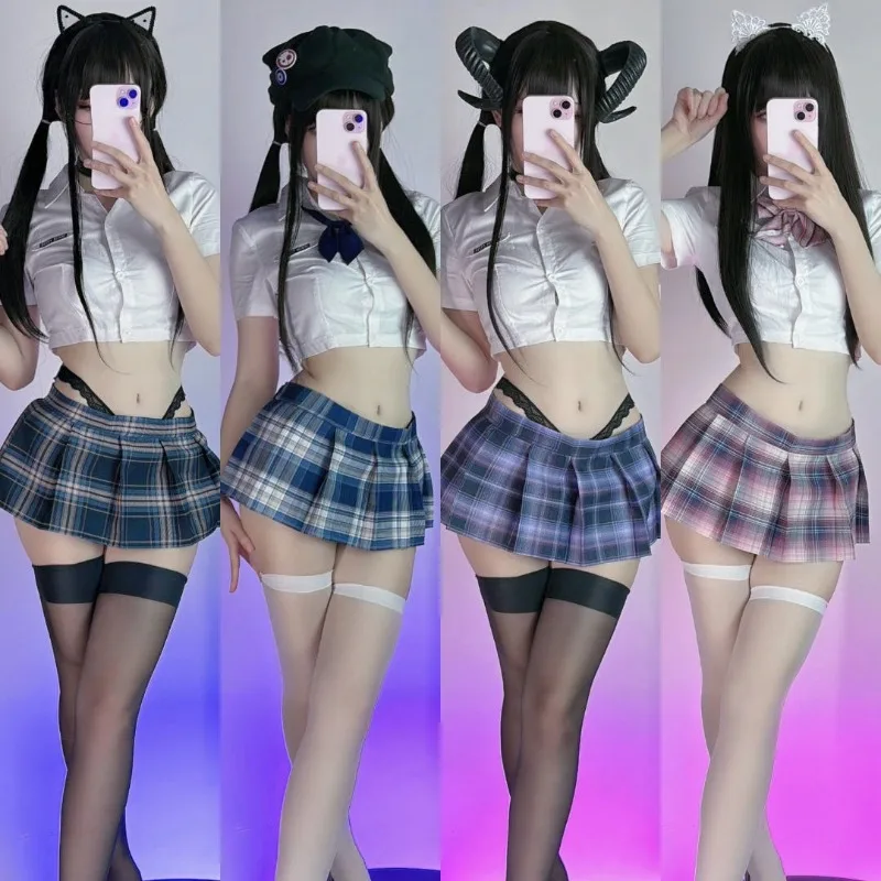 Sexy Lattice Mini JK Skirts Women Girl Japanese Student Low-Waisted Club Pole Dancer Party Short Skirt Sex Game Summer Fashion