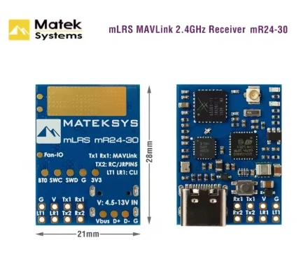 Gros plan sur le module TX/RX mLRS LoRa 2.4GHz 30dBm pour drone radio télécommandée, avec puce LoRa et ports