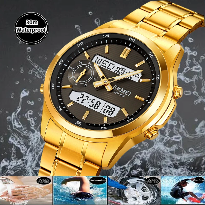 Skmei Men's LED Waterproof Sports Watch with Analog-Digital Display and Multi-Time Zone功能